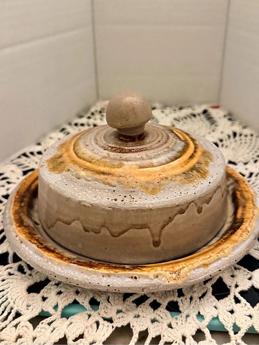 Vintage Laurentian Glazed Pottery Covered Butter Dish Brown & Cream made in Cana